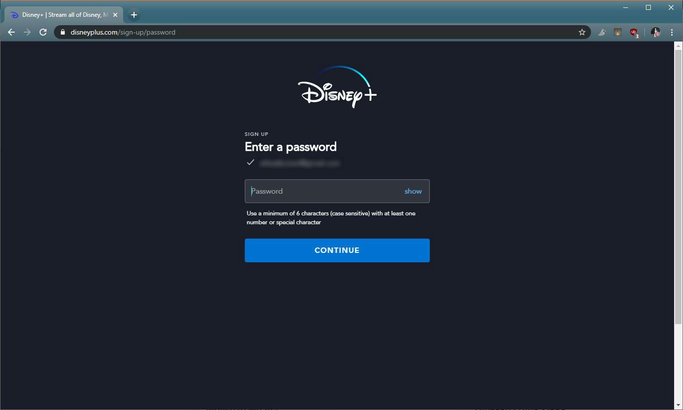 Uma captura de tela do processo de inscrição no Disney +.