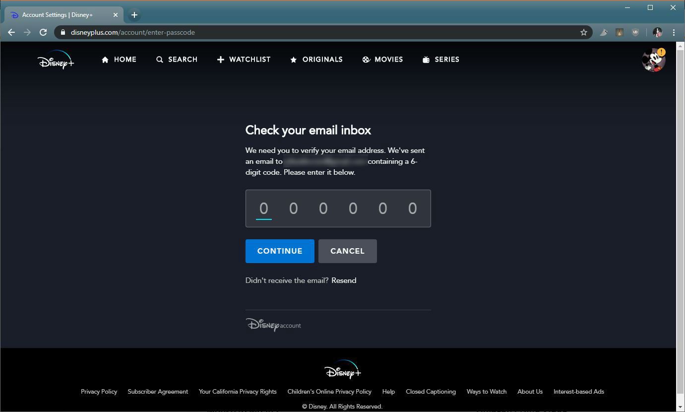 Uma captura de tela da página de verificação Disney +.