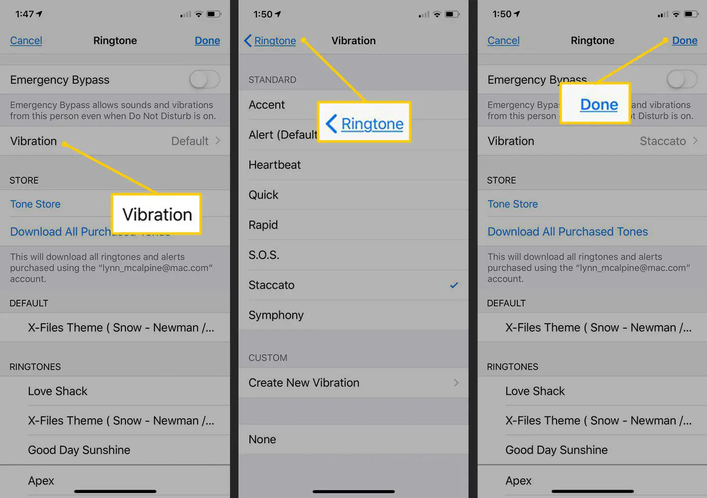 Botões de vibração, toque e concluído nas configurações do iOS