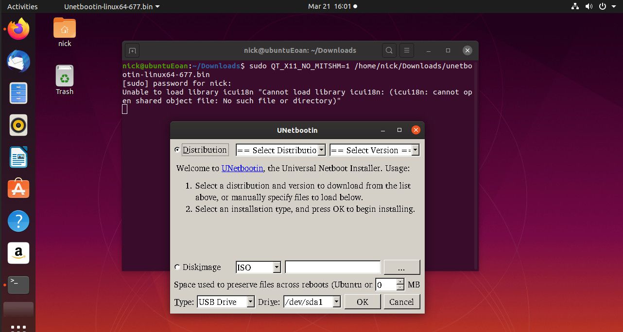 Unetbootin em execução no Ubuntu
