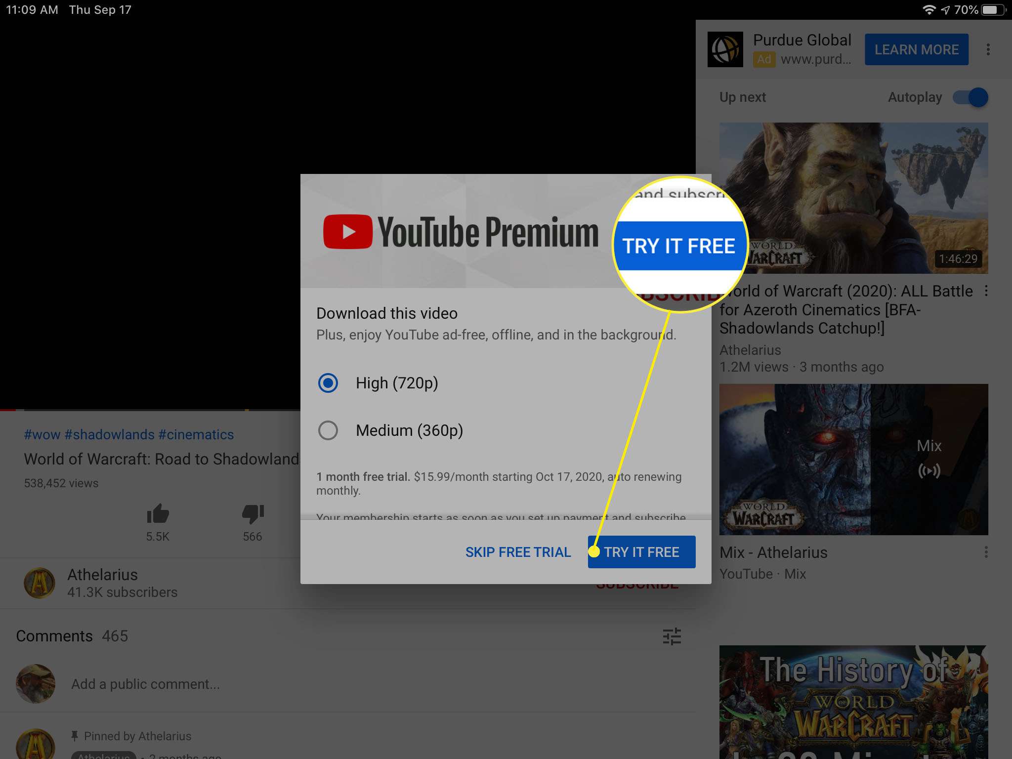 Selecionando Testar gratuitamente no YouTube Premium.