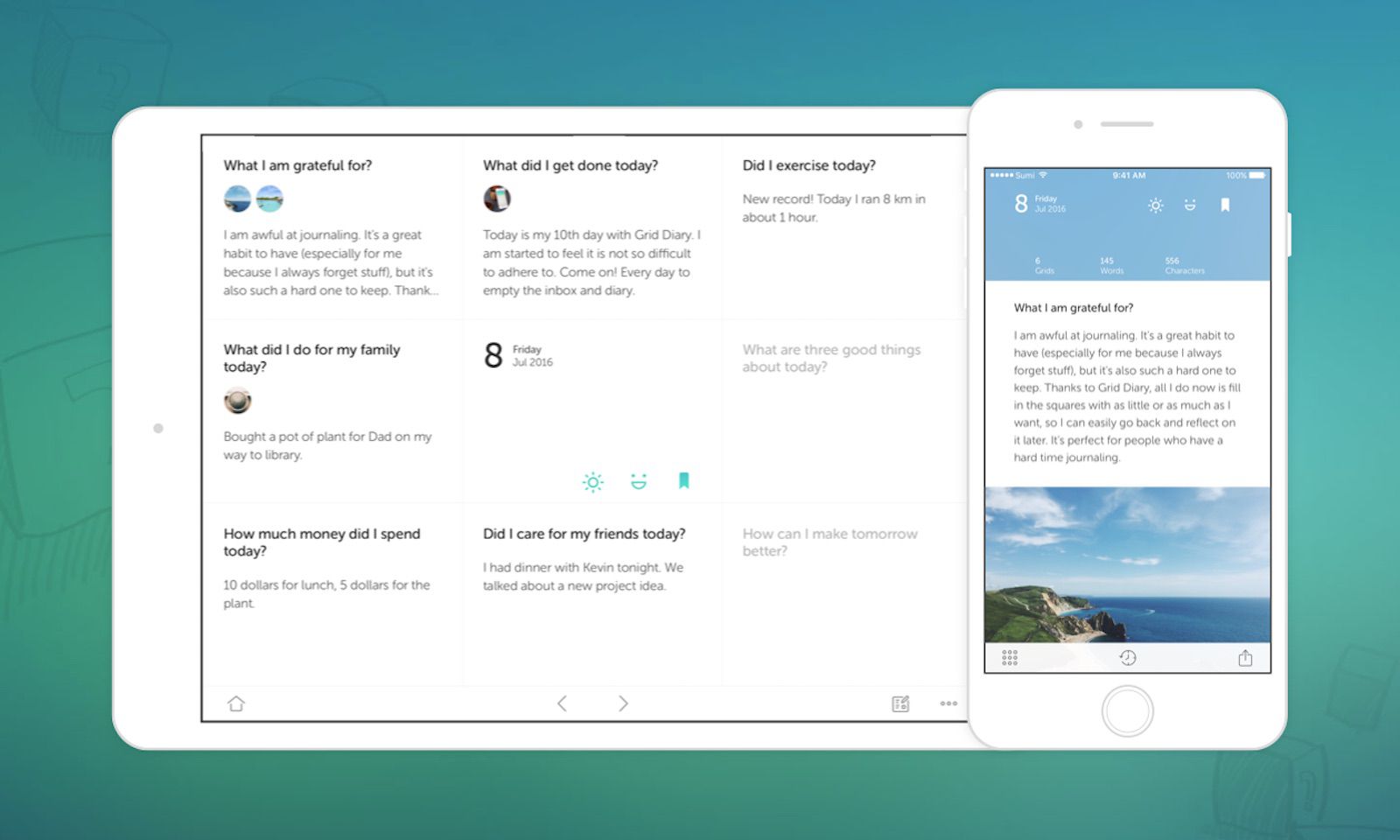 Uma imagem do aplicativo Grid Diary em um tablet e um smartphone.