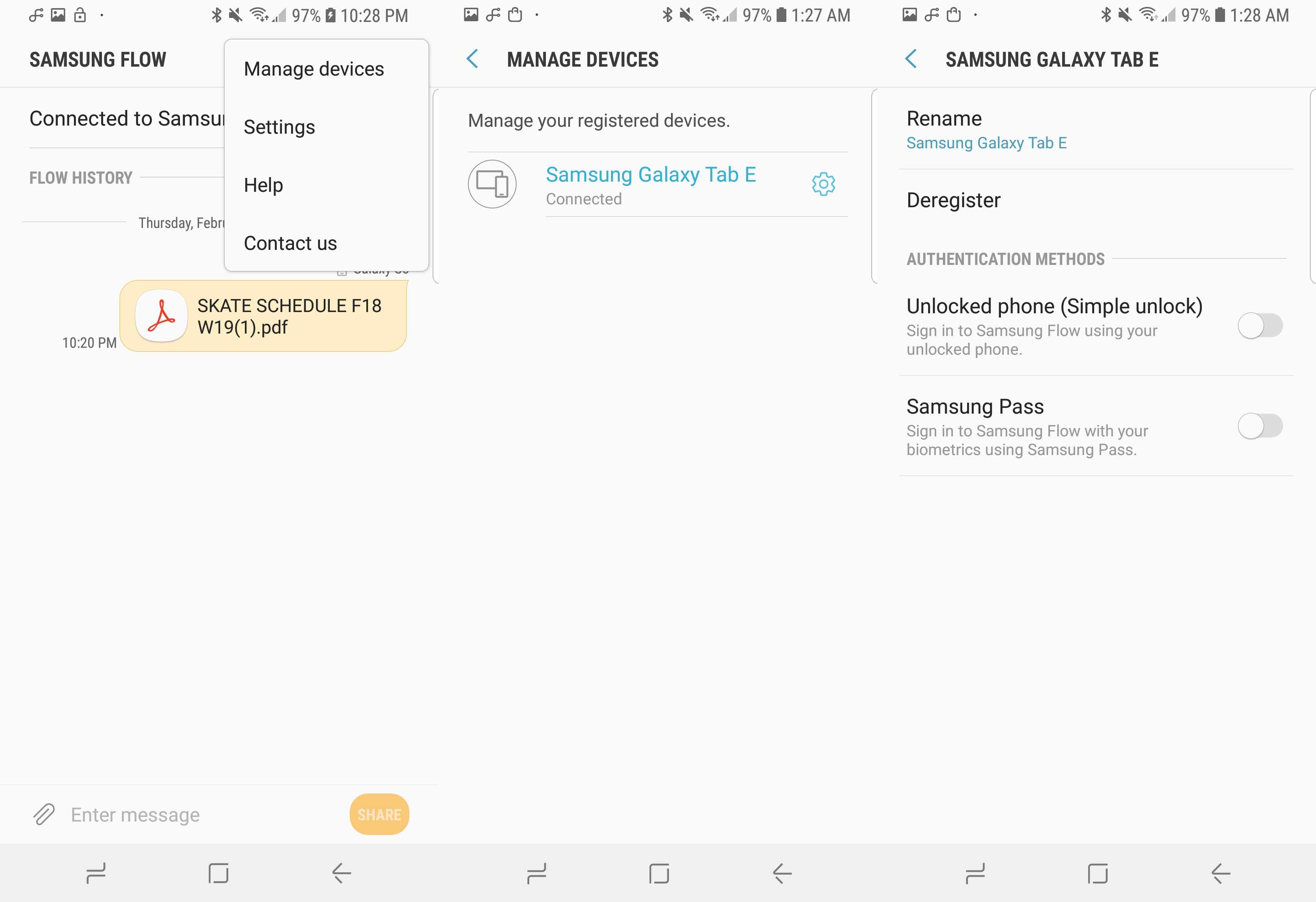 Uma captura de tela das opções de gerenciamento de dispositivos do Samsung Flow.