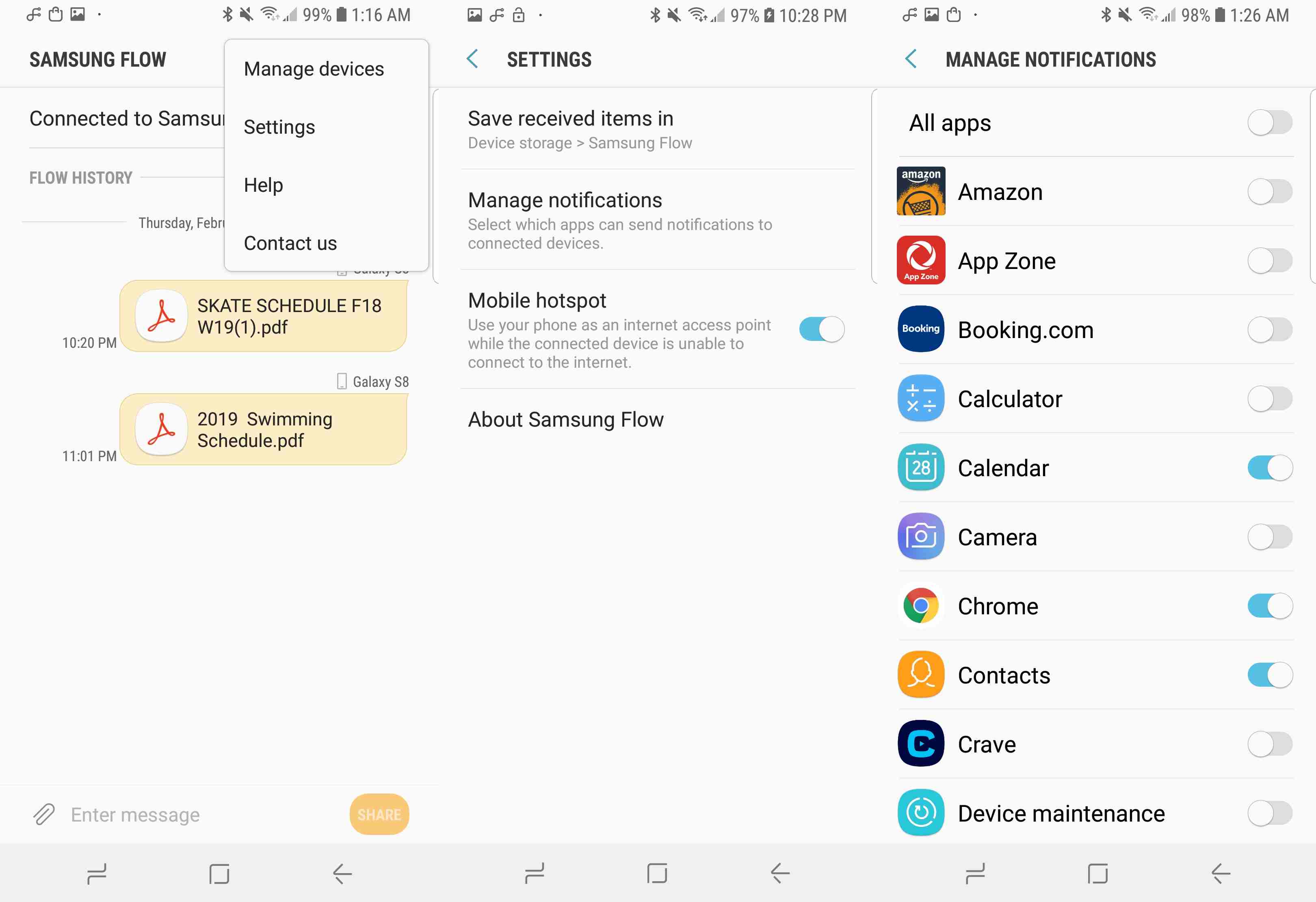 Uma captura de tela das opções de notificação no Samsung Flow.