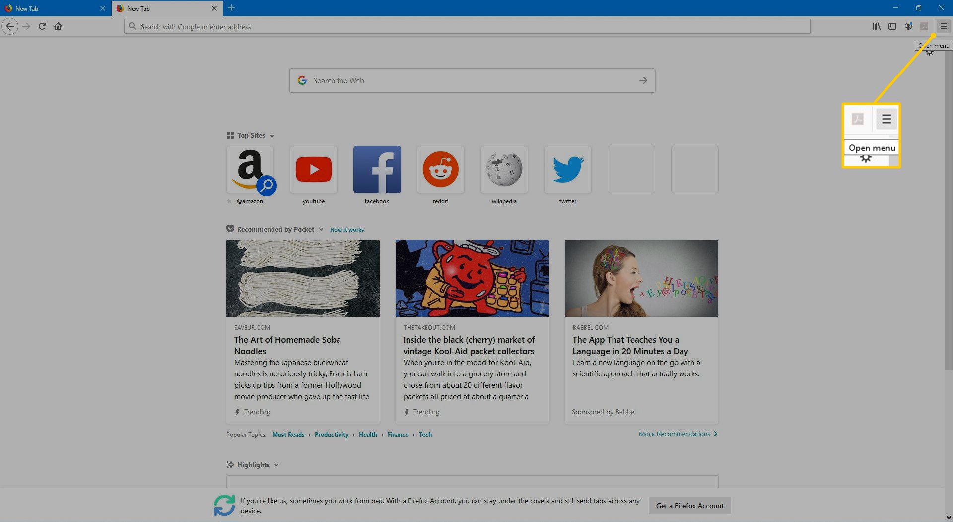 Botão de menu aberto no Firefox