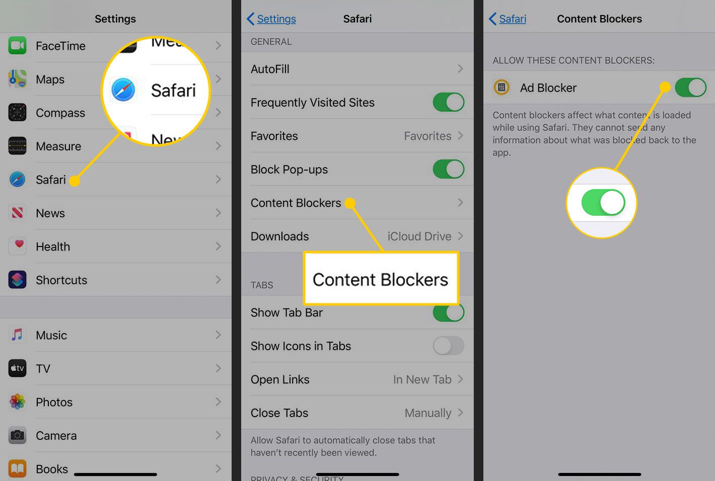 Ativando um bloqueador de conteúdo no Safari para iOS