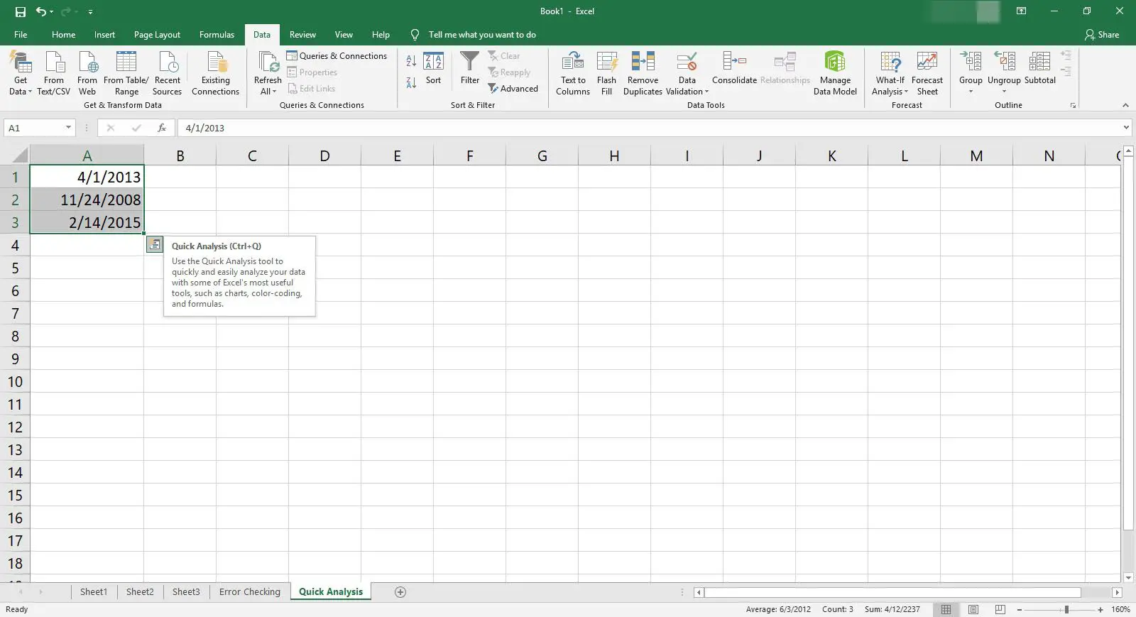 Usando a análise rápida para alterar o formato da data no Excel.