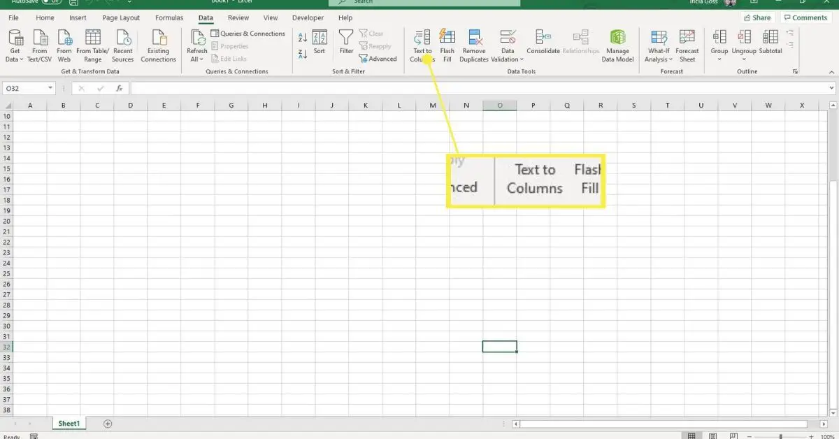 Opção de texto para colunas no Excel.