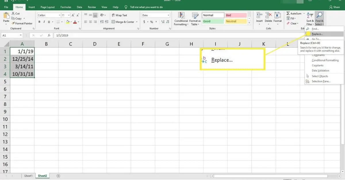 Encontre e selecione no Excel.