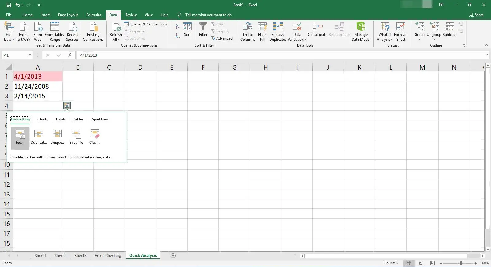 Selecionando o formato do texto na Análise Rápida do Excel.