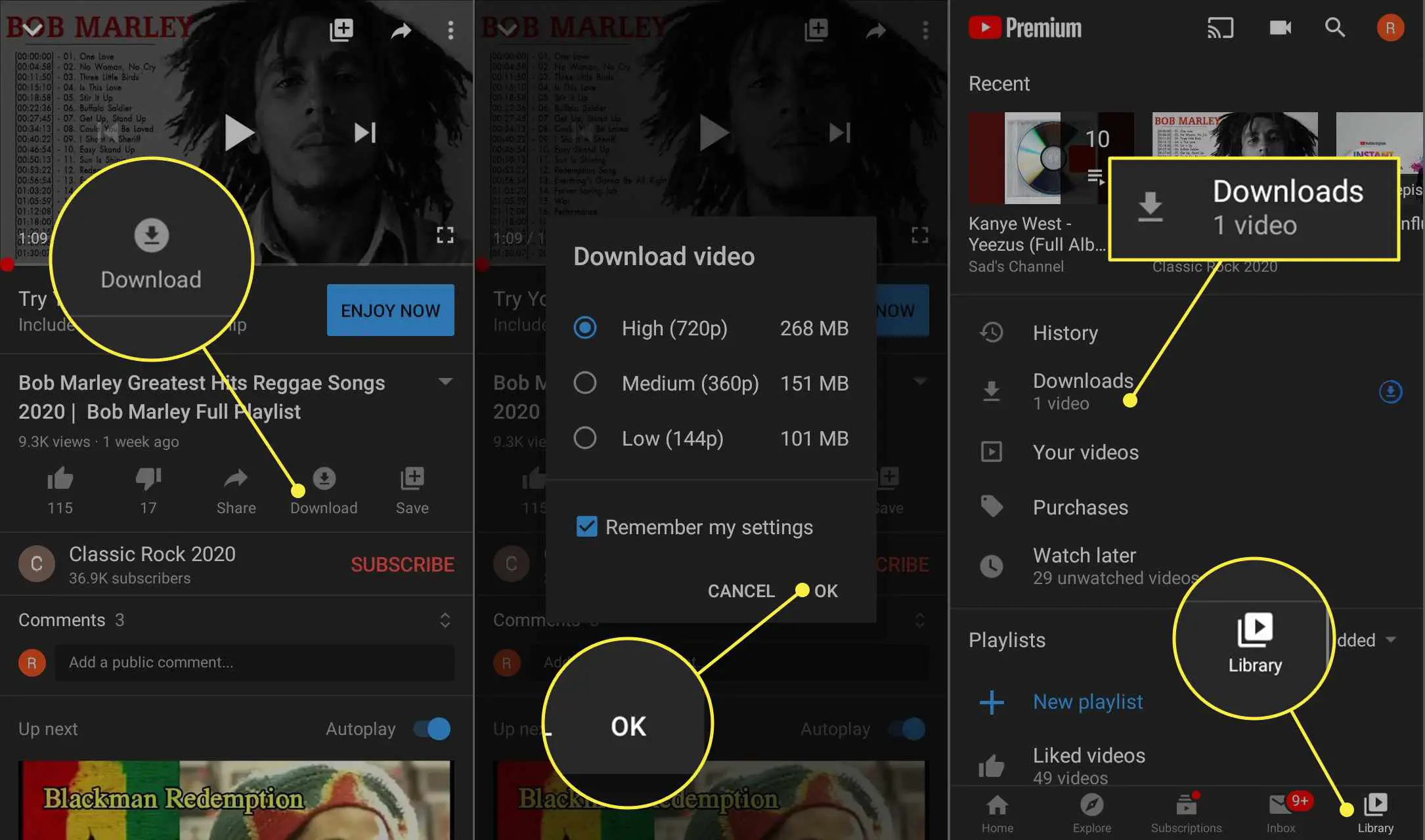 Os botões de download no YouTube Premium