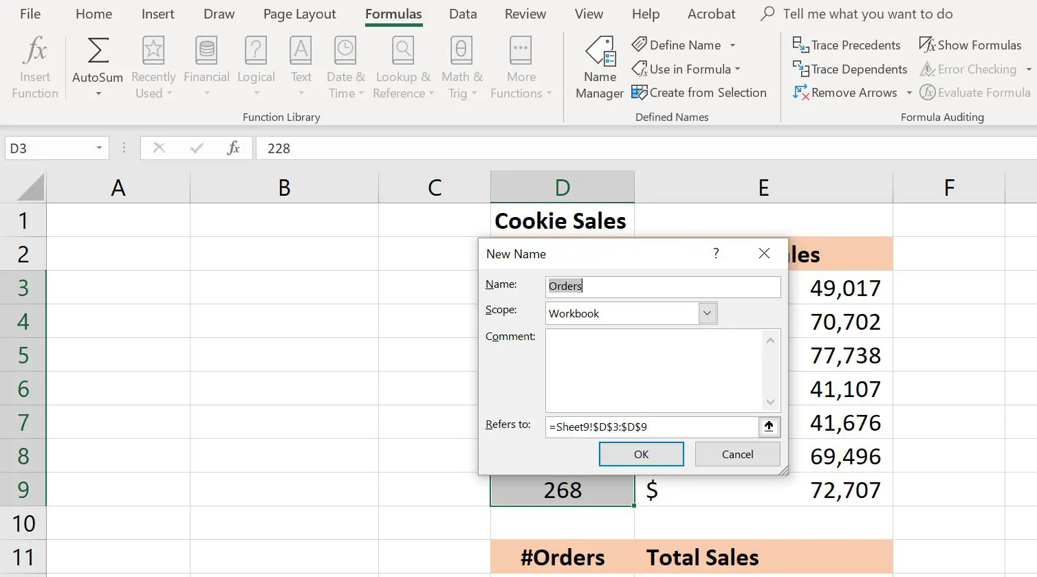 Planilha do Excel mostrando a caixa de diálogo Gerenciador de Nomes para a criação de um intervalo nomeado