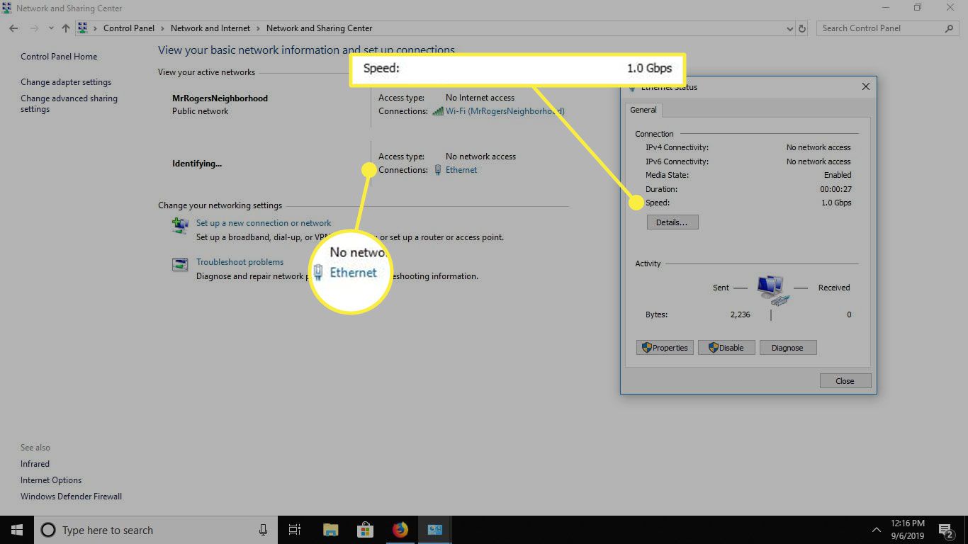 Uma captura de tela das configurações do Windows 10 com as seções Ethernet e velocidade destacadas