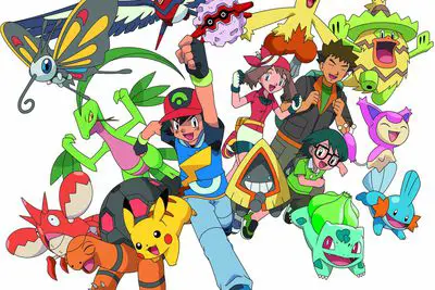 Ash, May, Brock, Max e seu Pokémon Hoenn em Pokémon Temporada 9: Battle Frontier