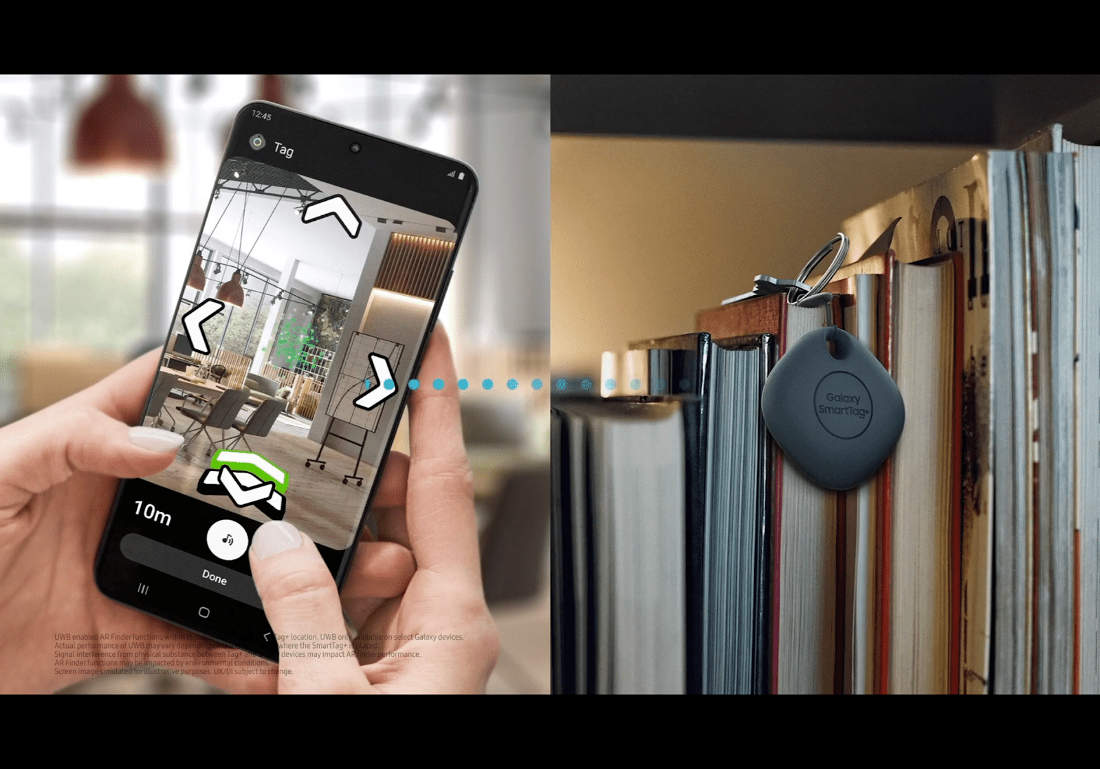 Uma marca Smart Things Find anexada a um chaveiro e um usuário usando o aplicativo para localizar a marca. 