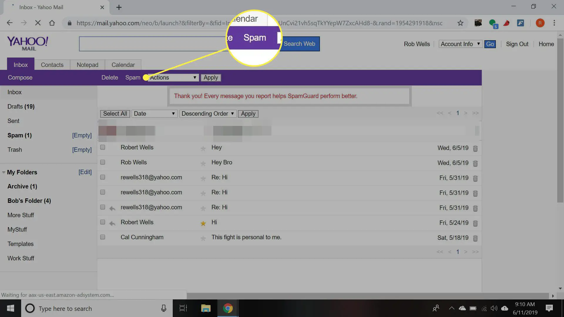 Uma captura de tela do Yahoo Mail Basic com o botão Spam destacado