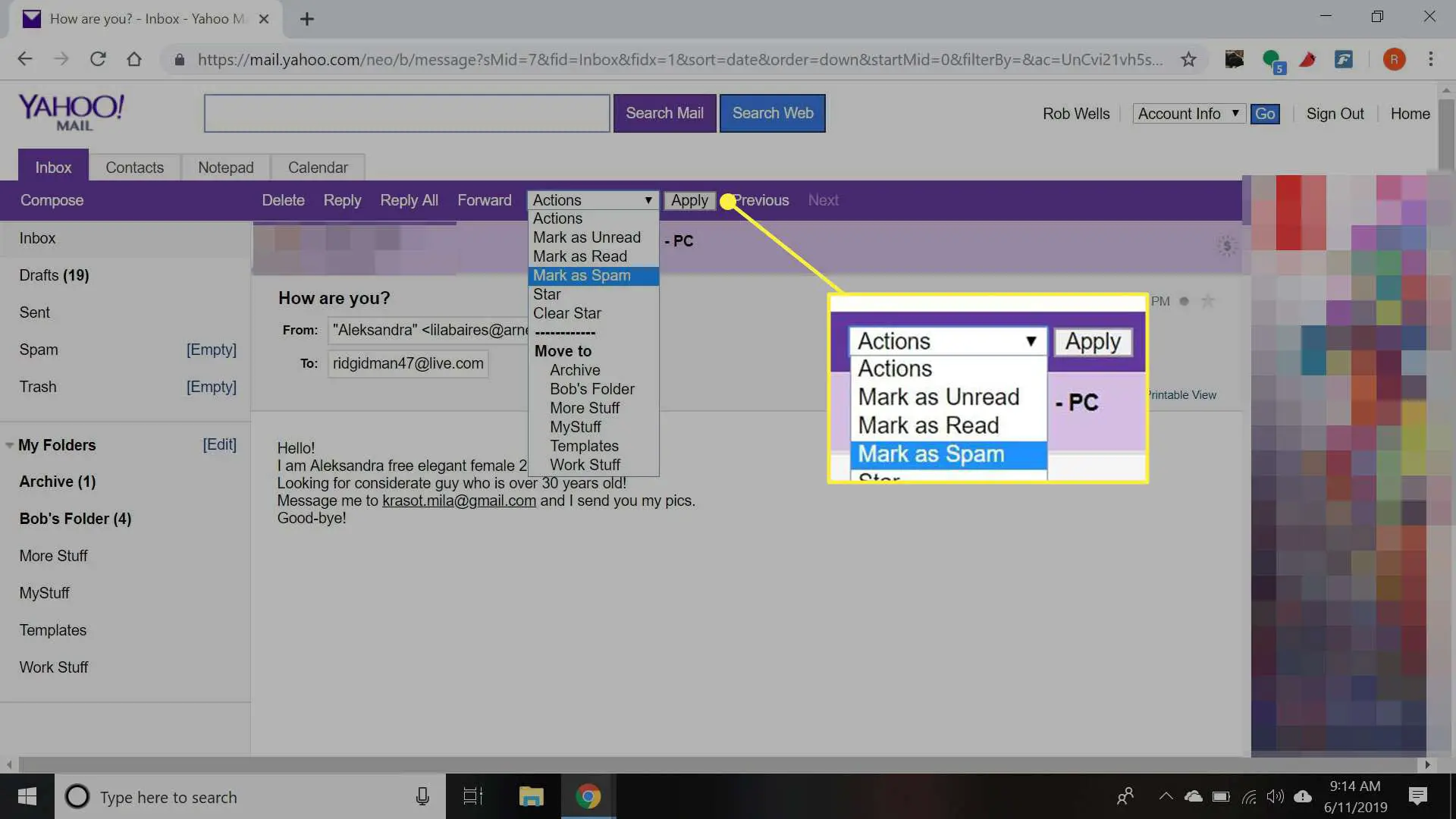 Uma captura de tela do Yahoo Mail basic com o menu Actions destacado