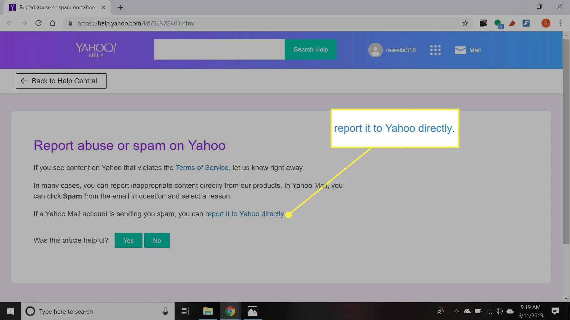 Uma captura de tela da página de ajuda do Yahoo com o "reportar diretamente ao Yahoo" opção destacada