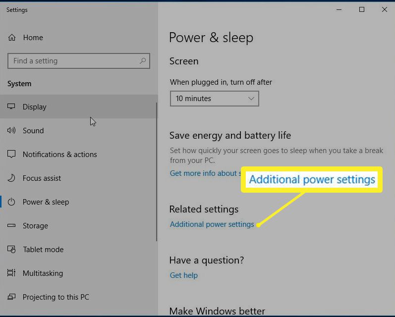 Configurações adicionais de energia do Windows 10
