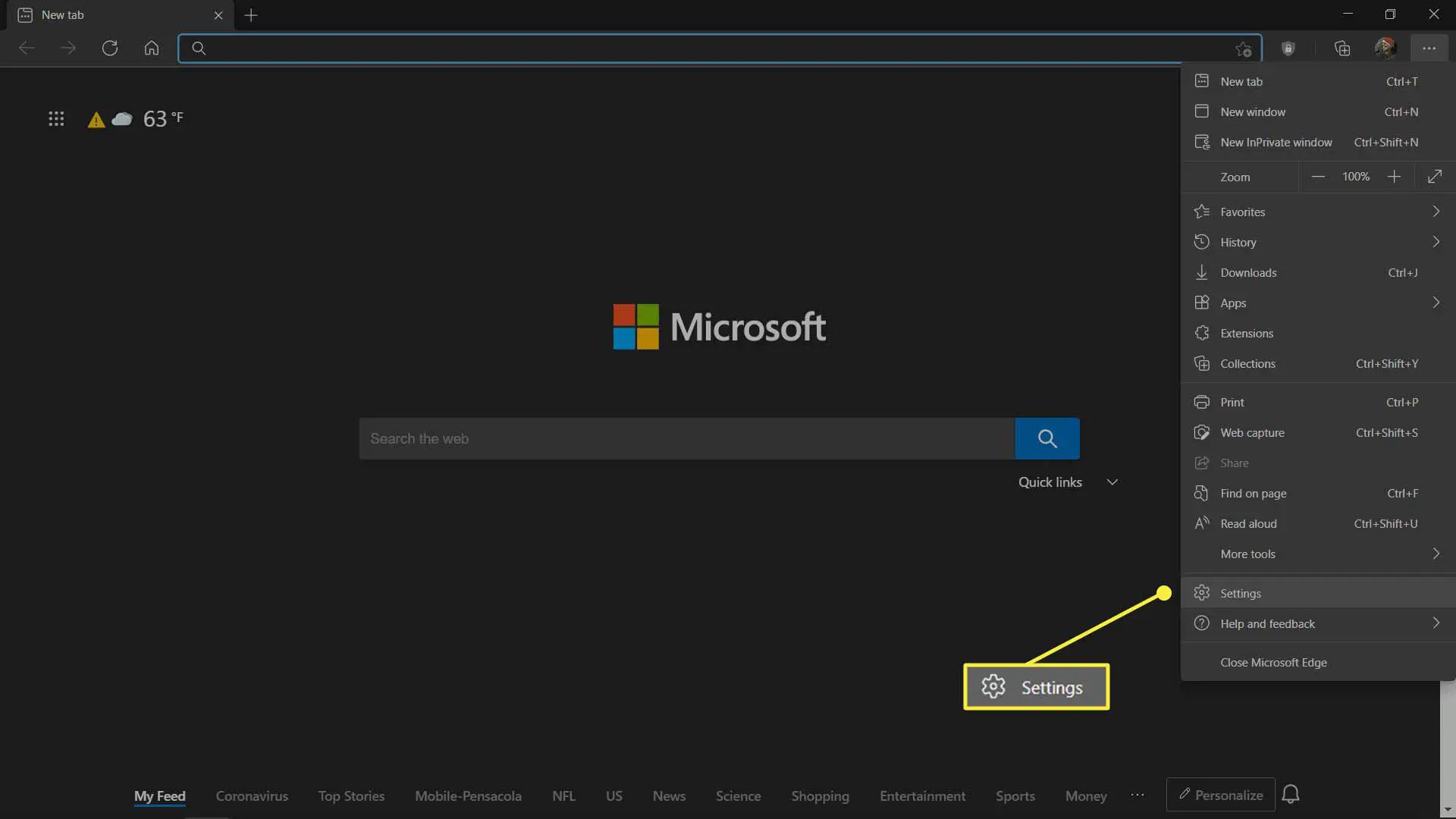 O menu principal do Microsoft Edge com Configurações destacadas.