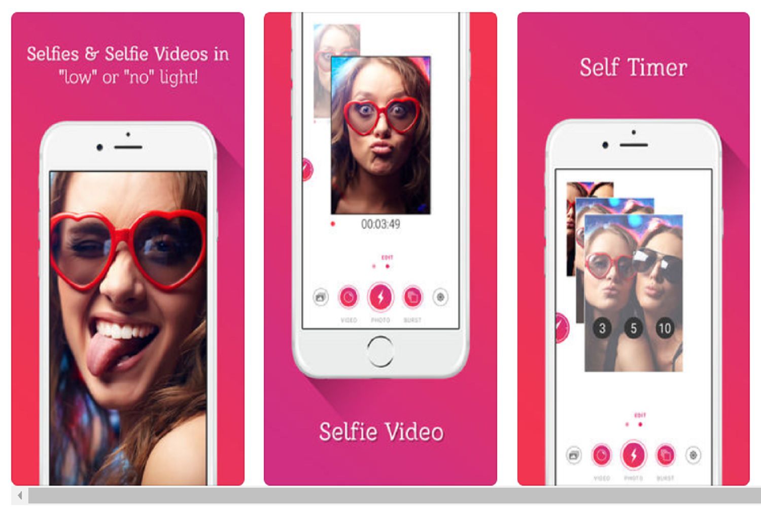 Uma captura de tela da lista de aplicativos do aplicativo Selfshot no site do iTunes.  Esta captura de tela inclui três capturas de tela móveis do aplicativo Selfshot.