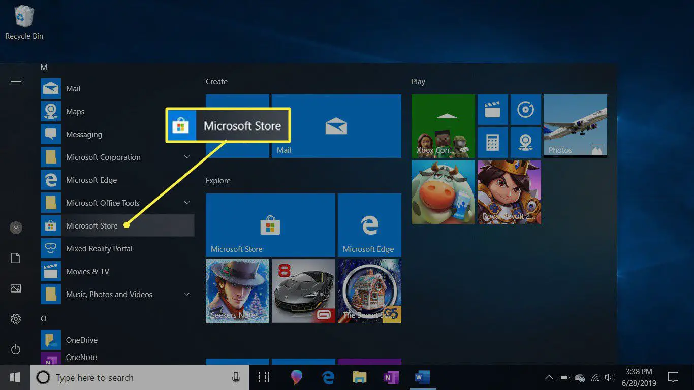 O menu Iniciar do Windows mostrando como encontrar a Microsoft Store