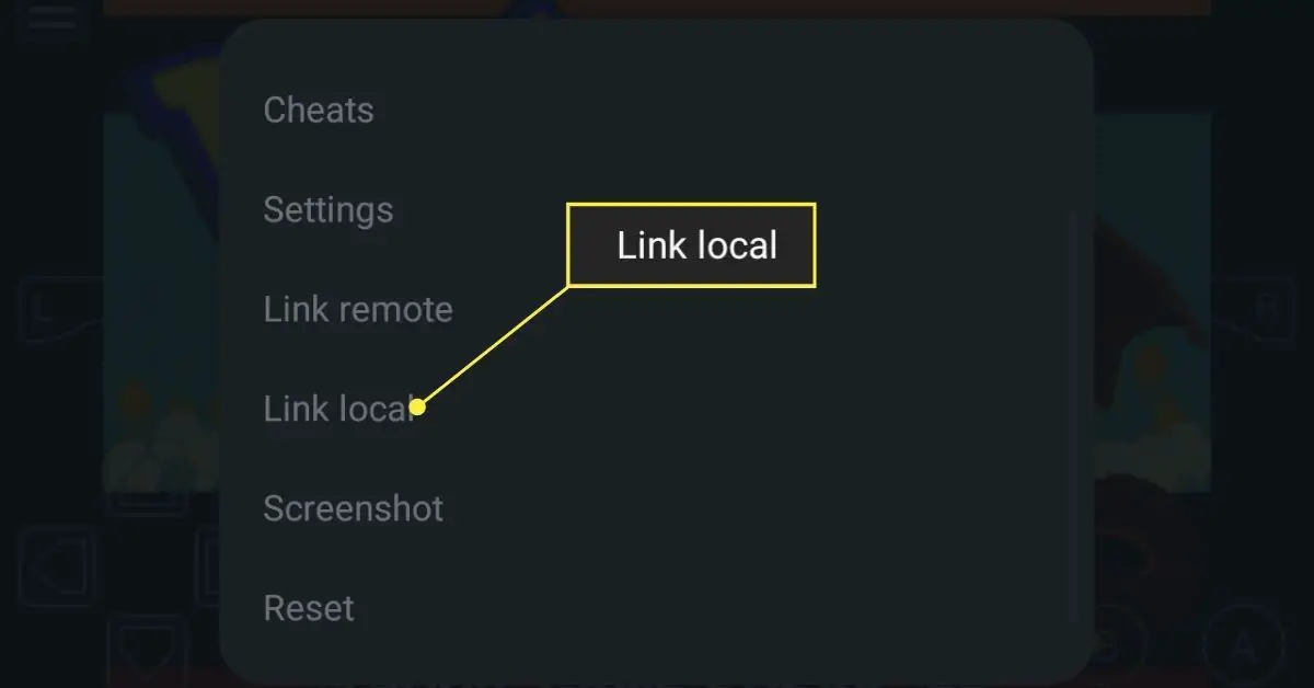 Opção de link local no menu do emulador