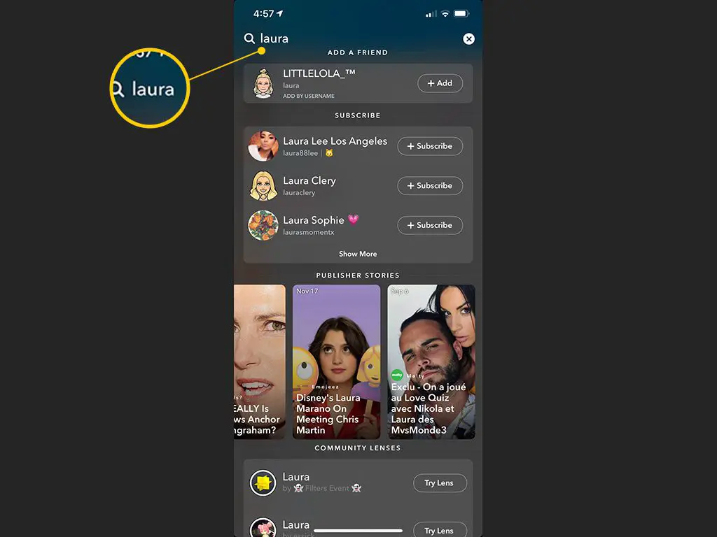 Campo de pesquisa no Snapchat para iOS