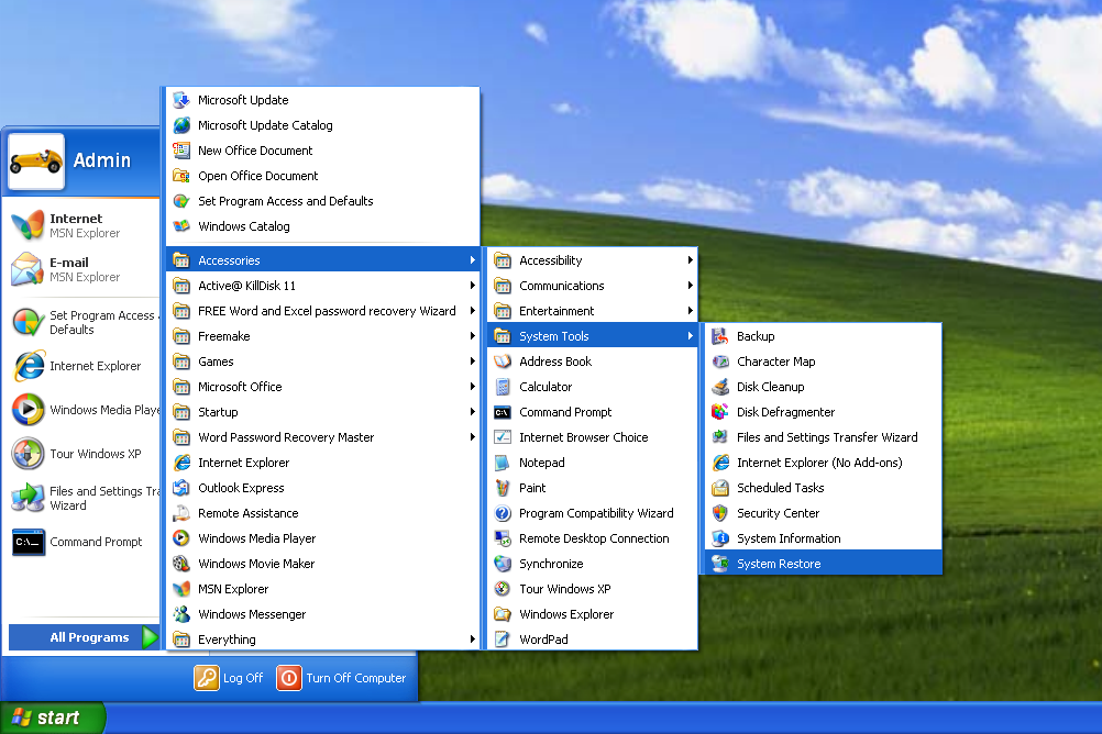 Opção de restauração do sistema do Windows XP no menu Iniciar