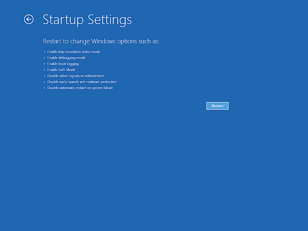 Menu Configurações de inicialização no menu Opções avançadas de inicialização no Windows 8