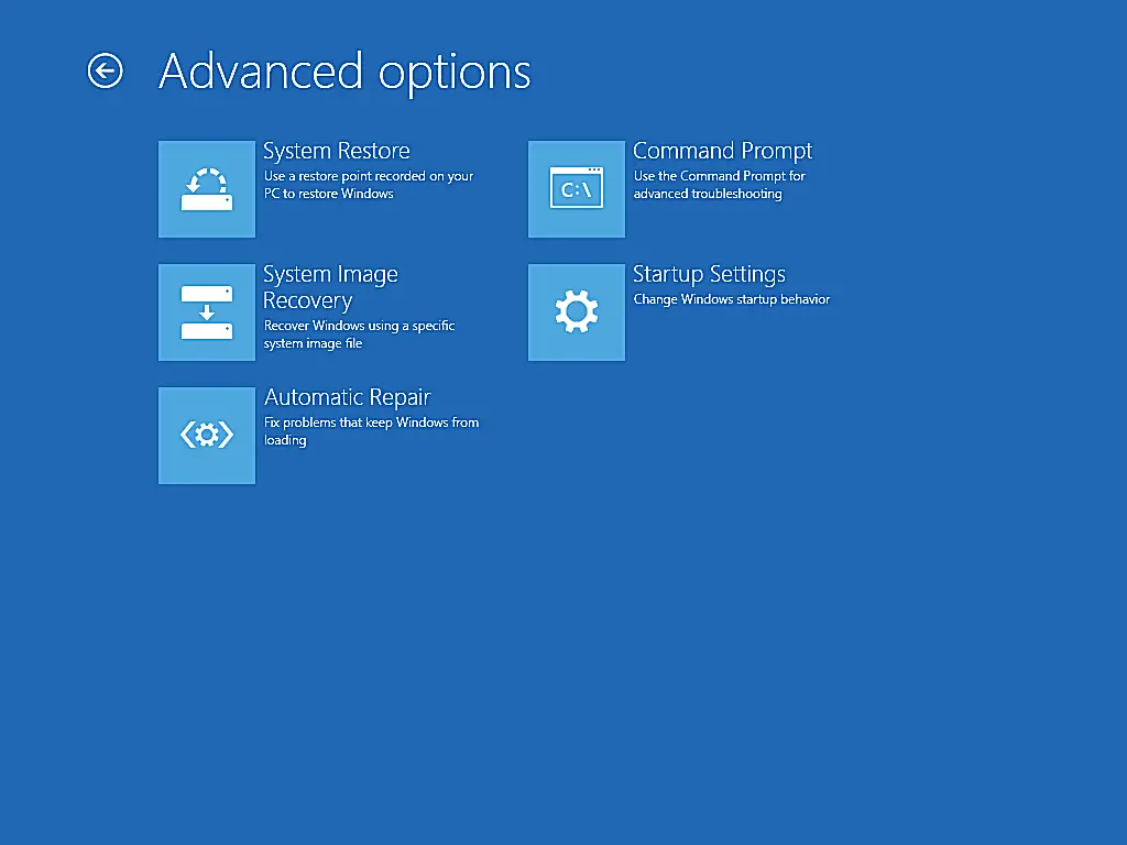Menu de opções avançadas no menu Opções de inicialização avançadas no Windows 8