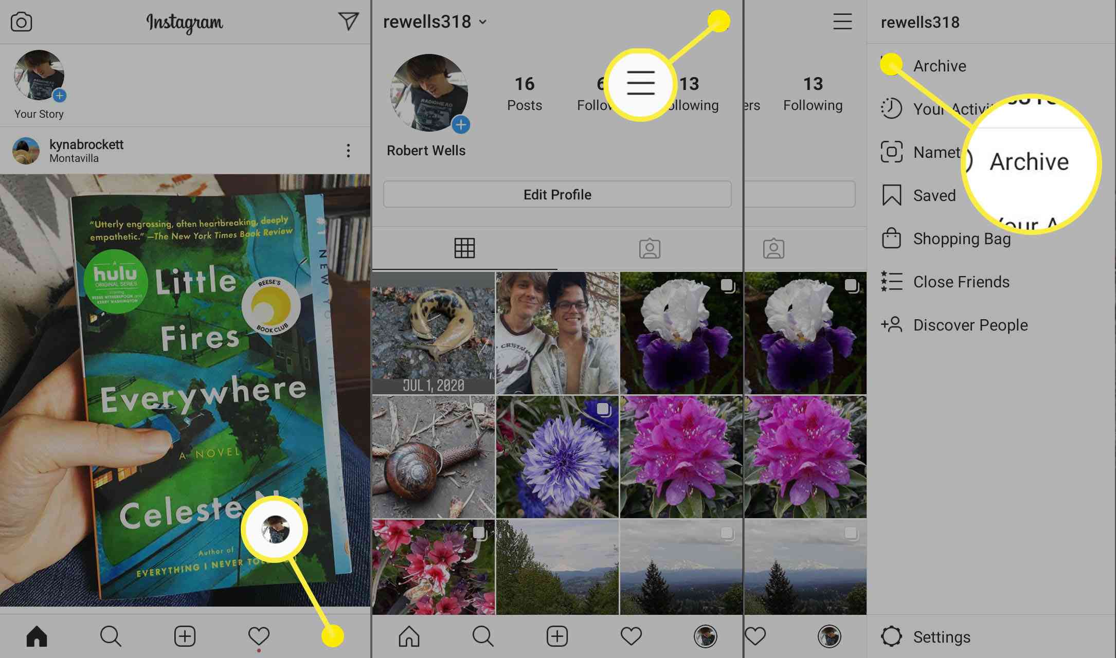 As etapas a serem seguidas para acessar seu arquivo de histórias do Instagram.
