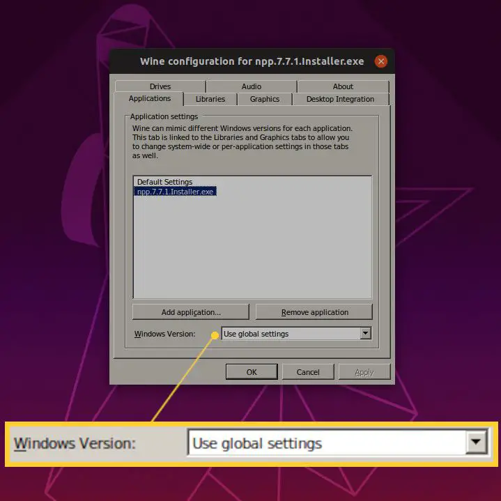 Captura de tela da opção de configurações globais.