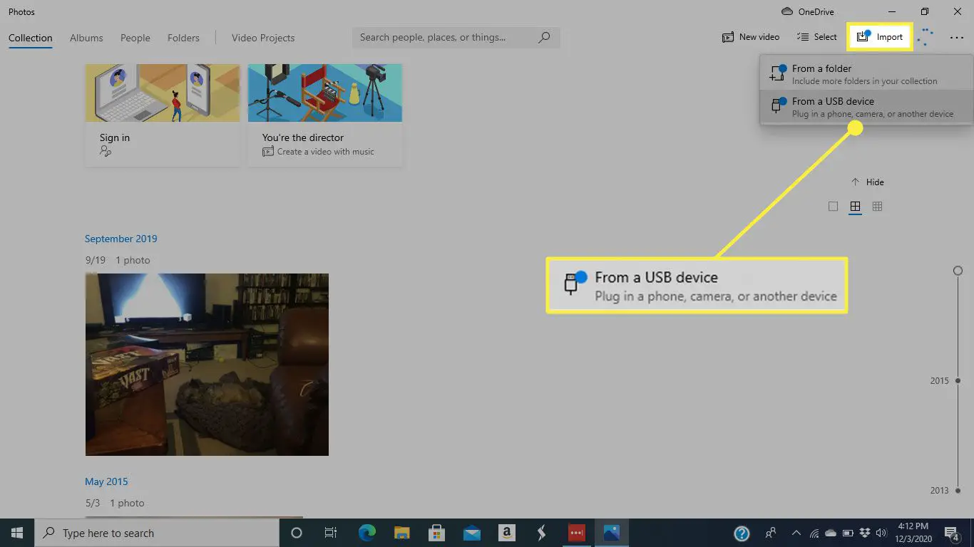 A opção "De um dispositivo USB" no menu Importar no Windows 10 Fotos
