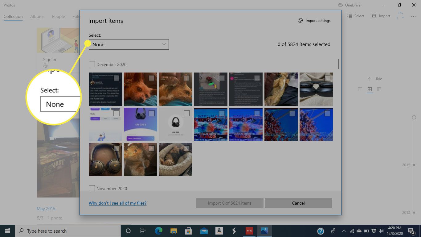 O menu Selecionar em Fotos para Windows 10