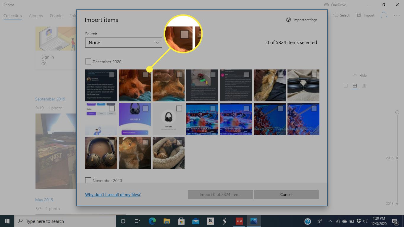 A caixa de seleção em Fotos do Windows 10