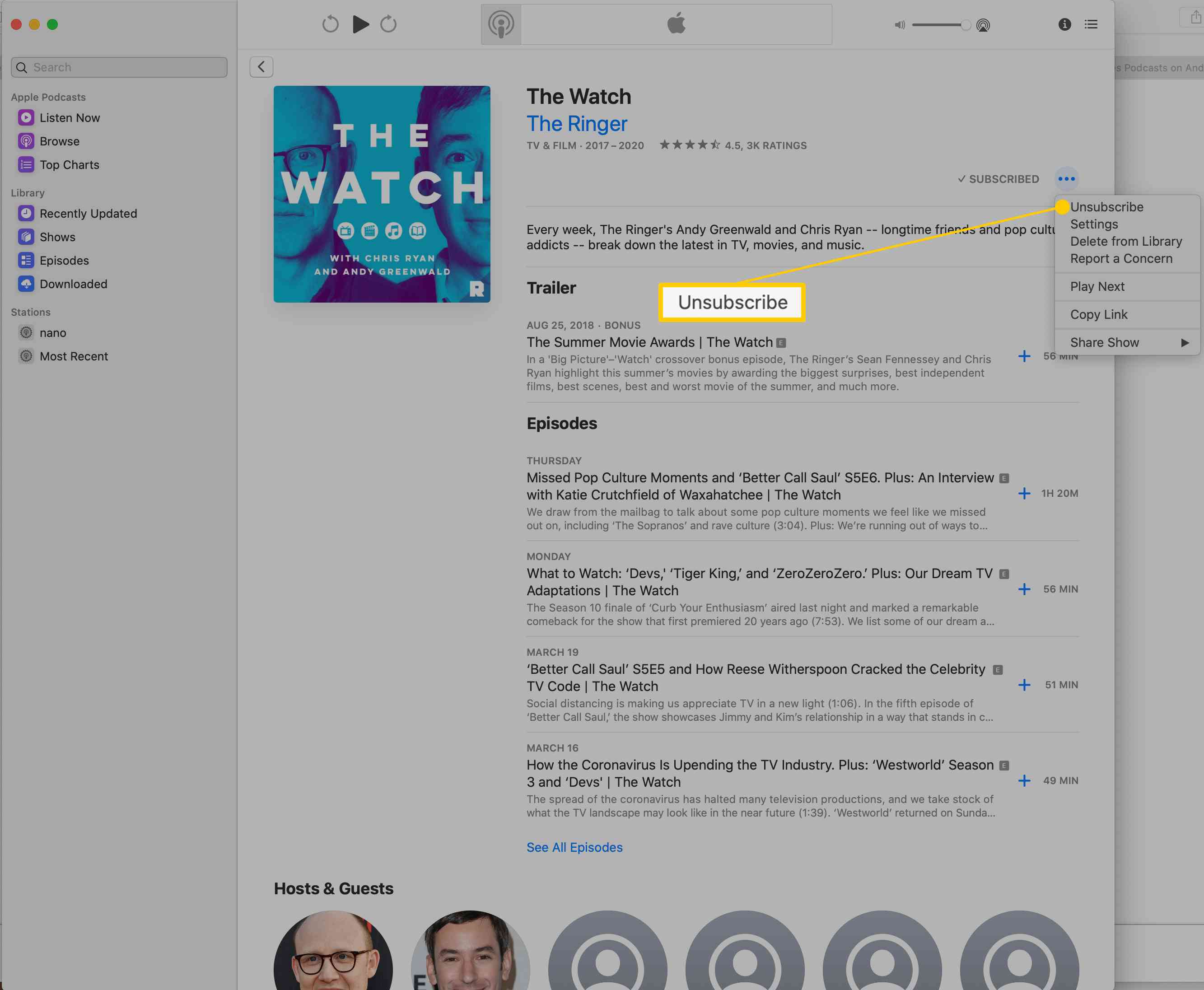 Cancelamento de assinatura de podcasts no Apple Podcast no Mac
