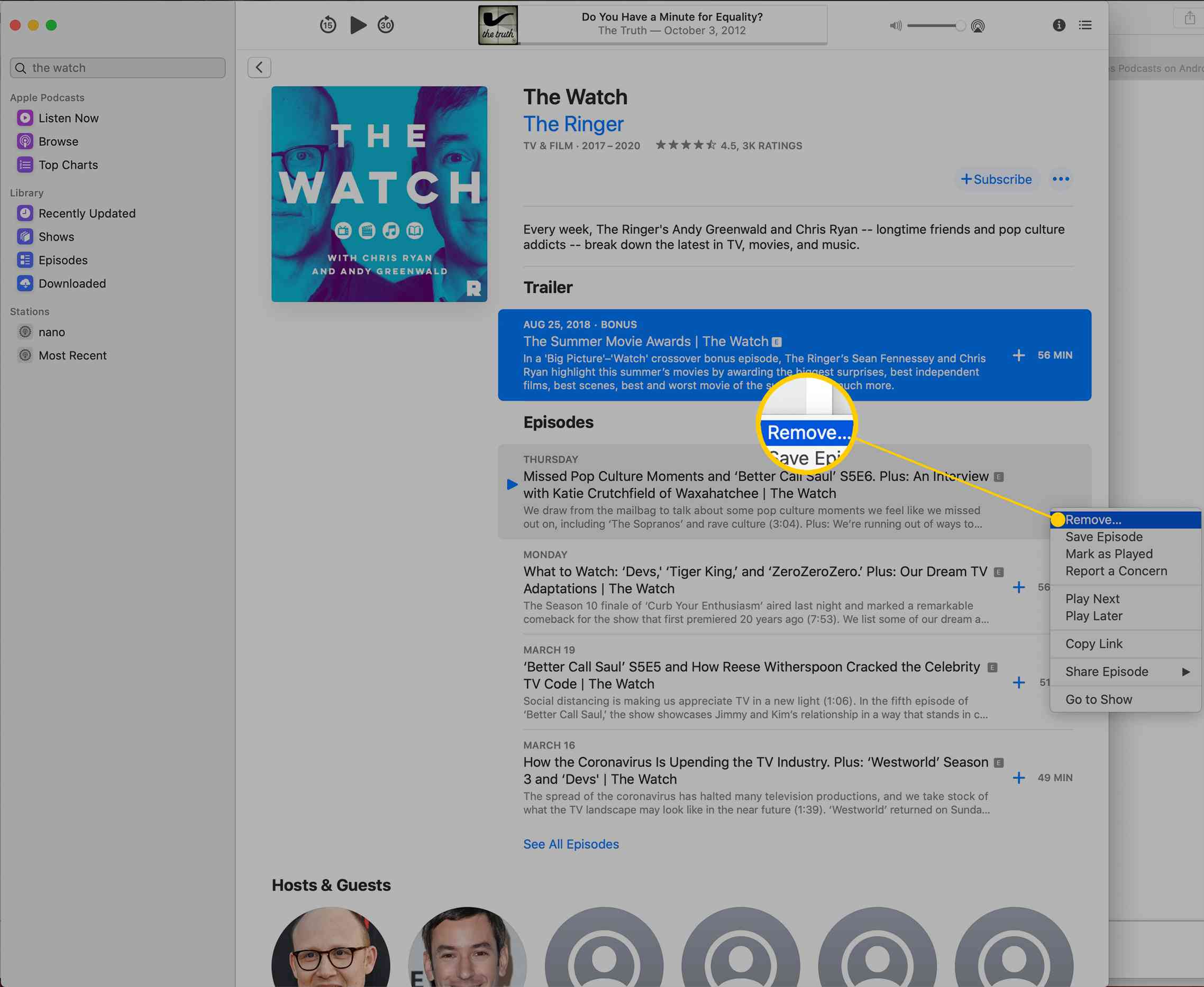 Removendo um podcast em Podcasts da Apple no Mac
