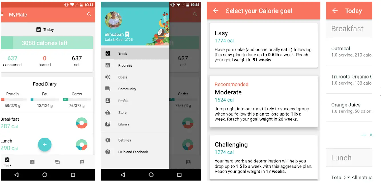 Captura de tela do aplicativo rastreador de alimentos, MyPlate Calorie Tracker