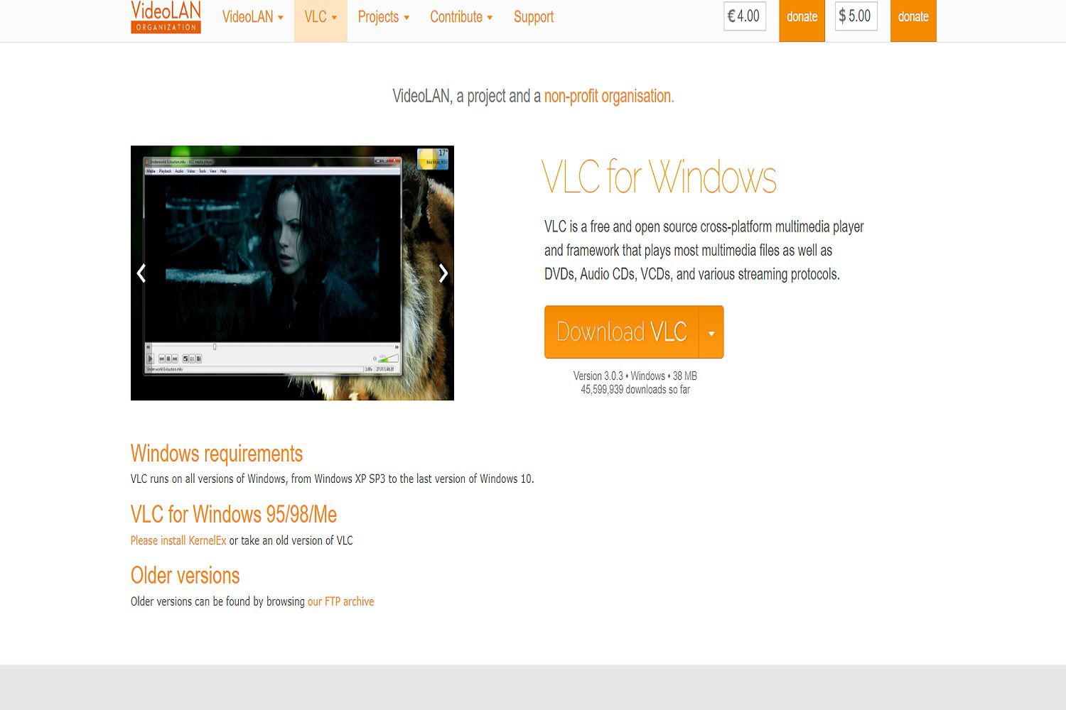Uma captura de tela da página da Web do VLC para Windows.  Aqui é onde você pode baixar o DVD player VLC gratuitamente.