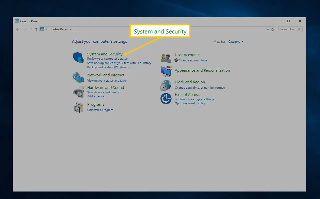 Ícone do Sistema e Segurança no Painel de Controle do Windows 10