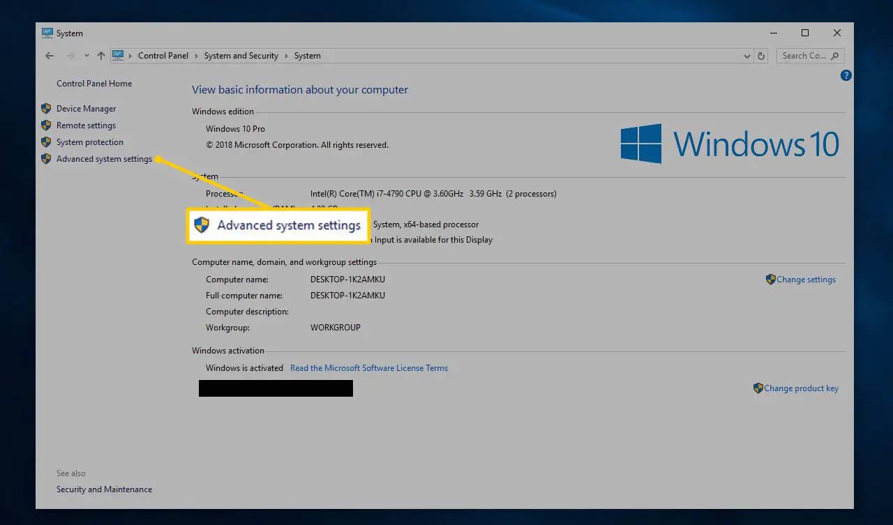 Link de configurações avançadas do sistema no miniaplicativo do sistema para Windows 10