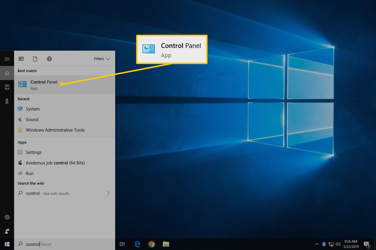 Painel de controle no menu Iniciar do Windows 10