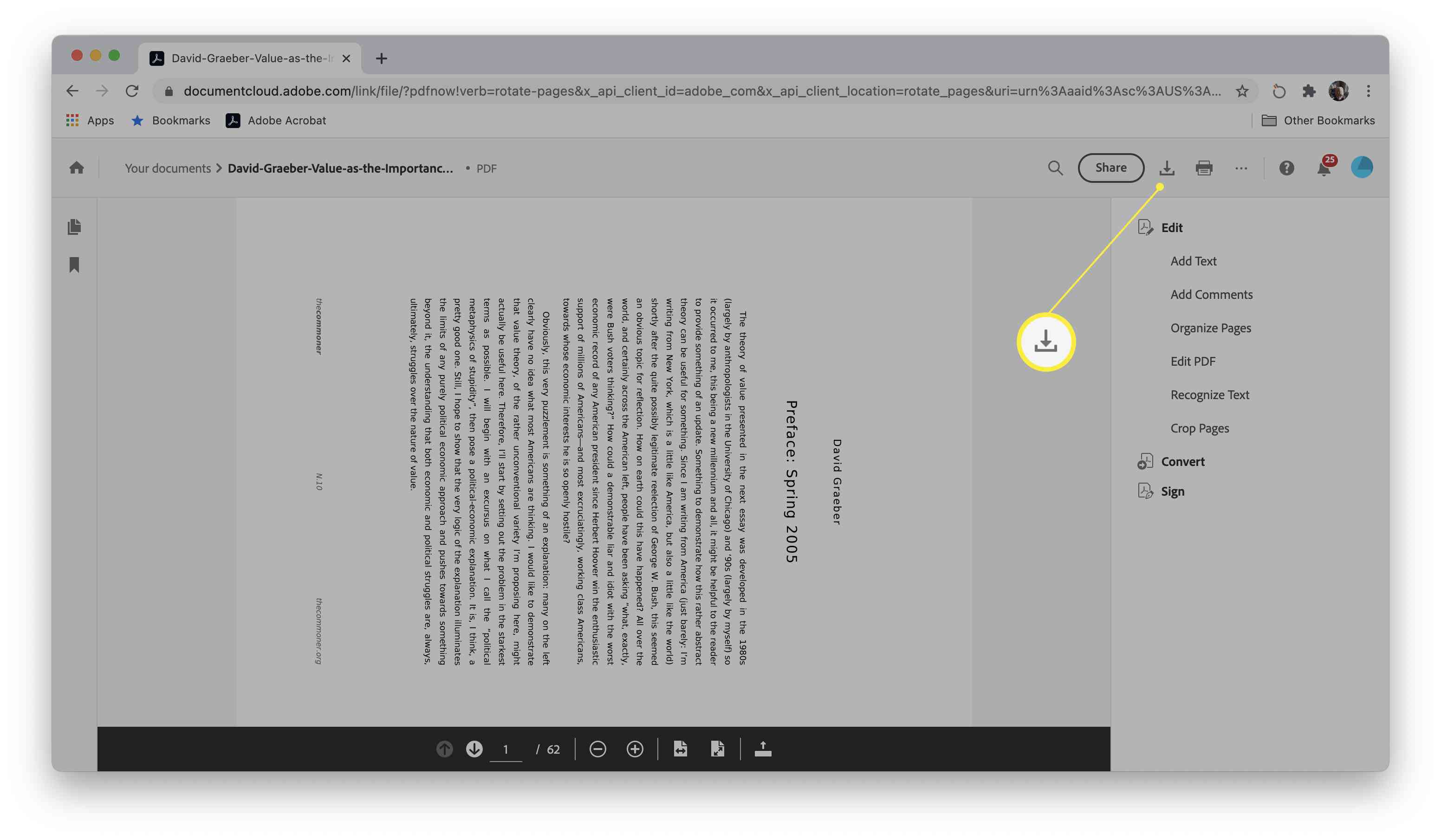 Site Adobe PDF girando com a caixa de diálogo Baixar arquivo destacada