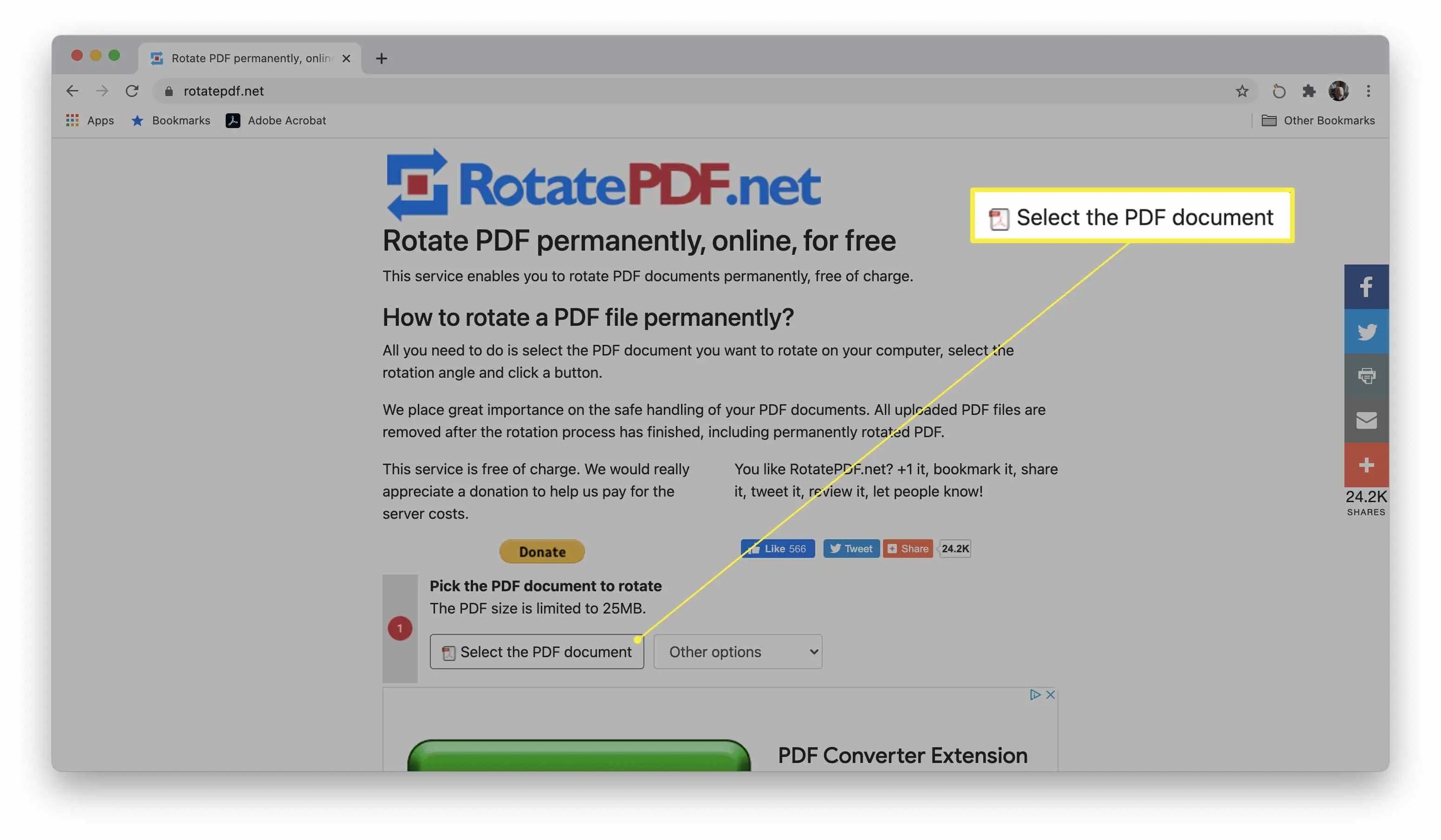 Selecione o documento PDF destacado no site do RotatePDF