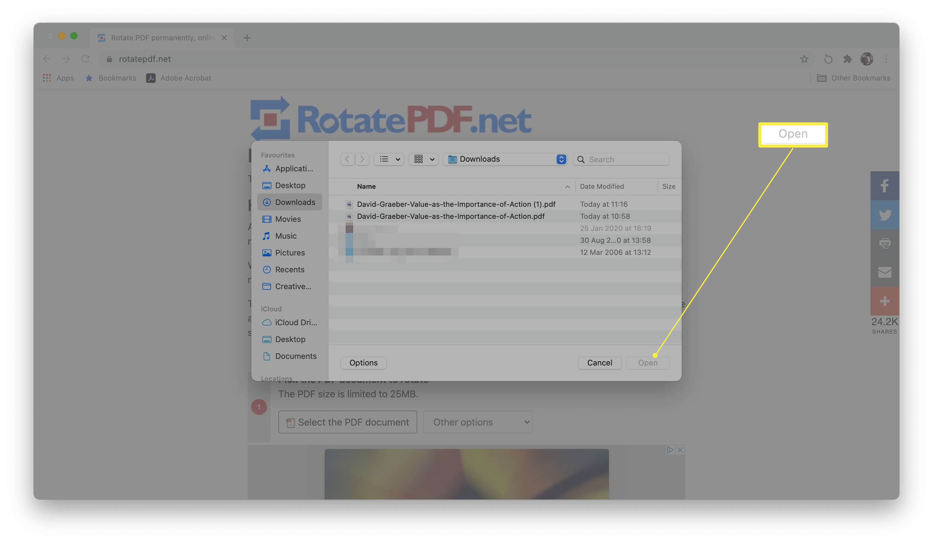 Site RotatePDF com caixa de diálogo Abrir Arquivo exibida