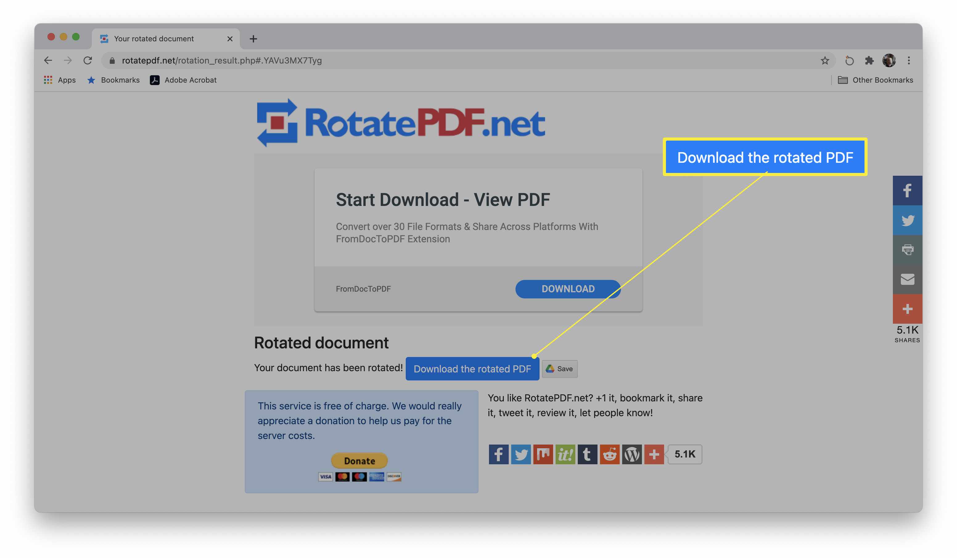 Site do RotatePDF com o botão Download do PDF girado destacado