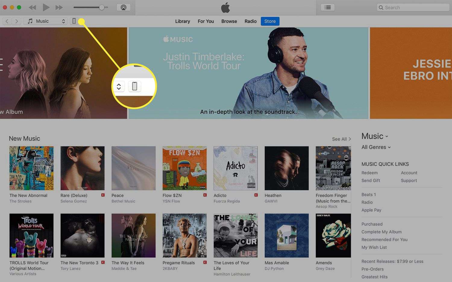 iTunes no Mac com o ícone do iPhone destacado