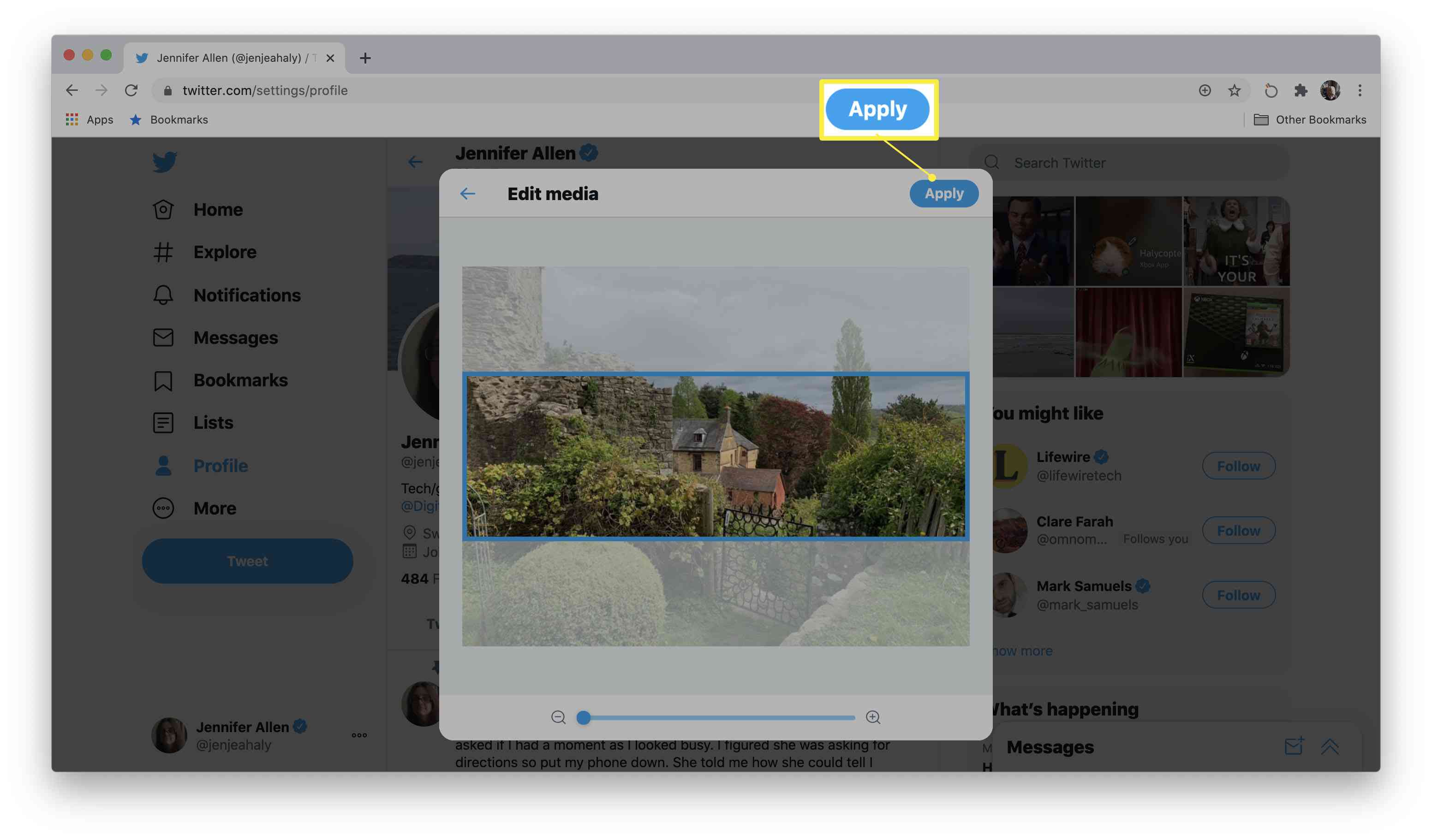 Diálogo de edição de perfil do Twitter com controles de imagem de cabeçalho exibidos e botão de aplicação destacado
