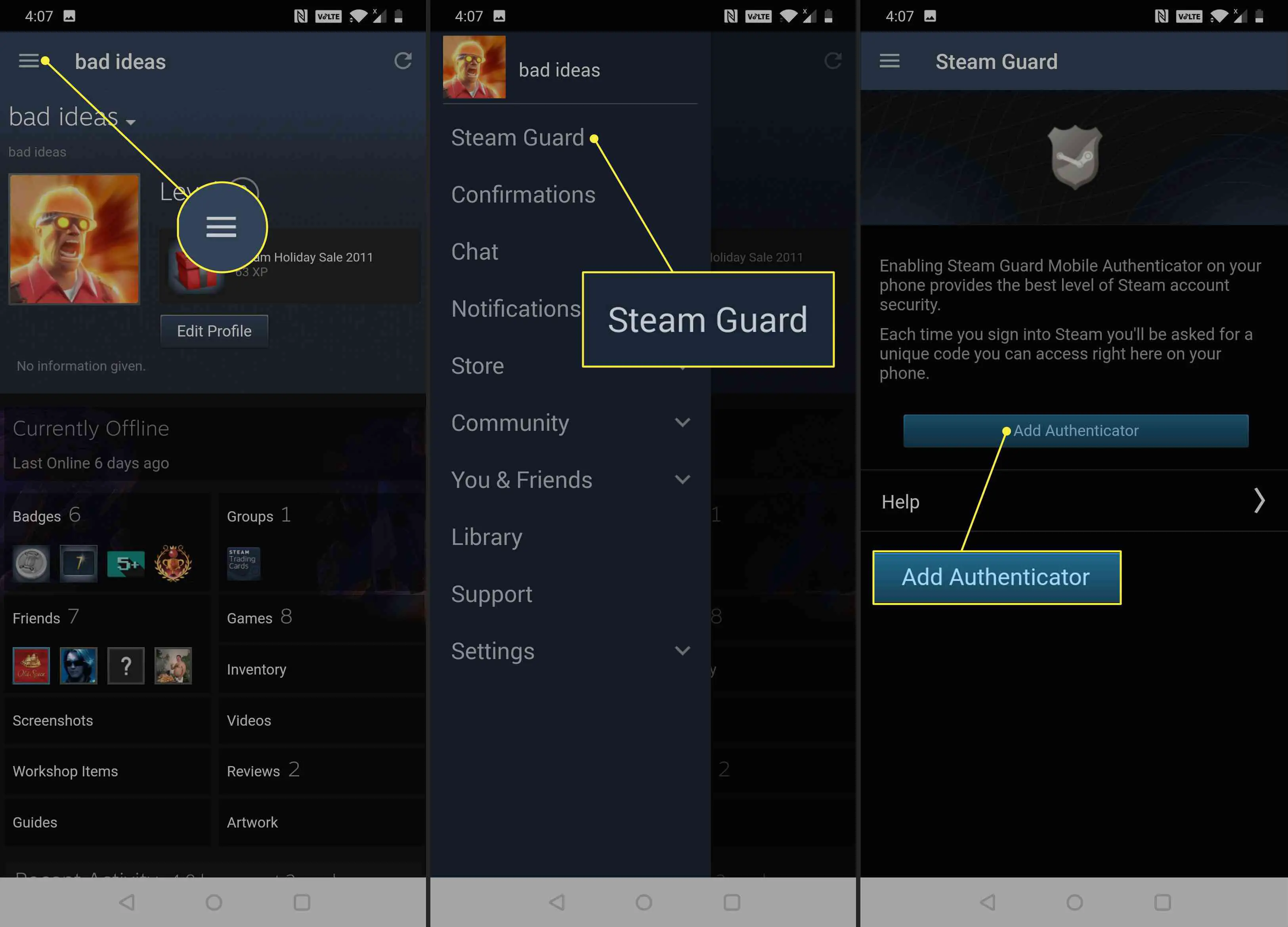 Um telefone Android usando Steam Guard